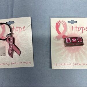 Breast Cancer Pink Ribbon Keychain and Pin Set